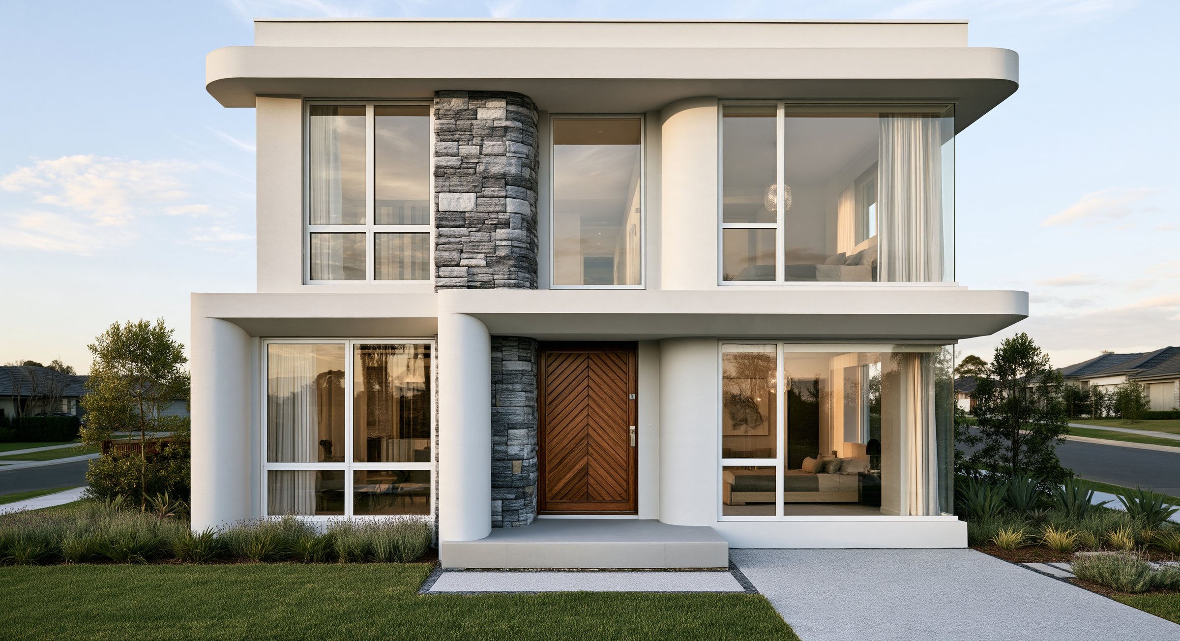 Visualisation of the Avon Road home, North Ryde: rendered facade with curved columns, stacked stone and a timber front door