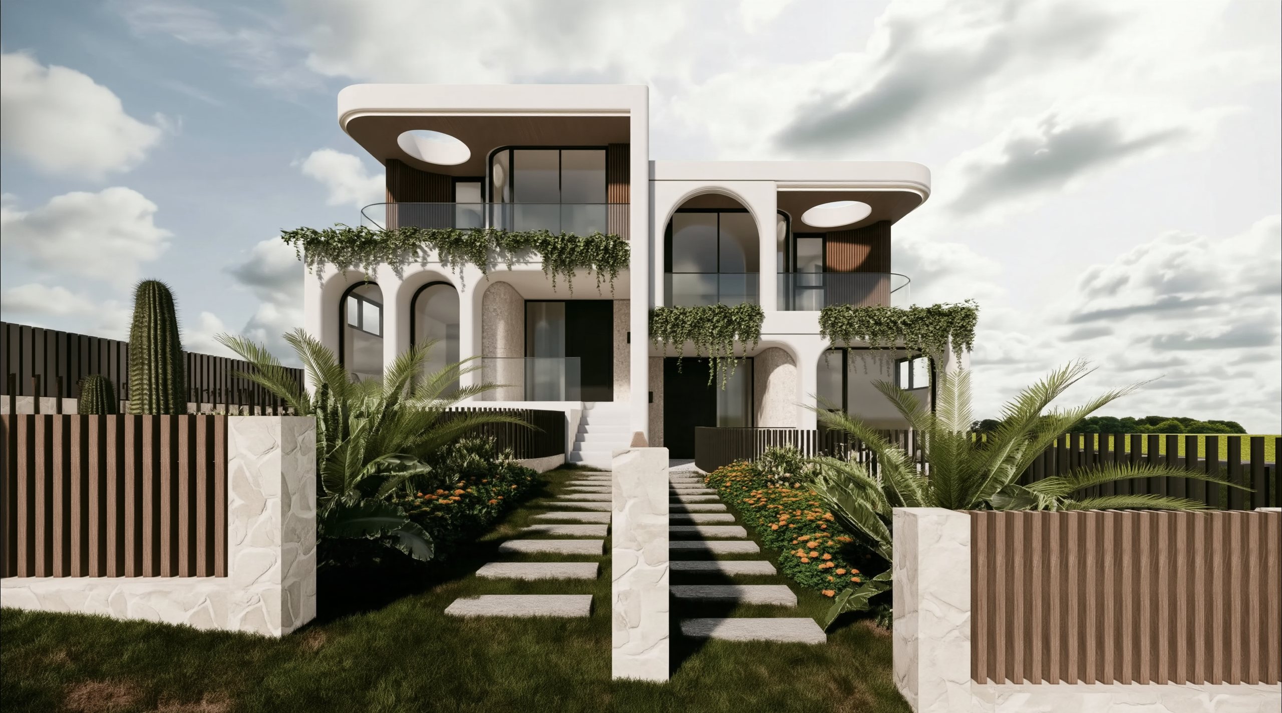 Render of the McMullen Avenue duplex in Carlingford: rendered arches, curved balconies with trailing greenery and a stone-paved entry path