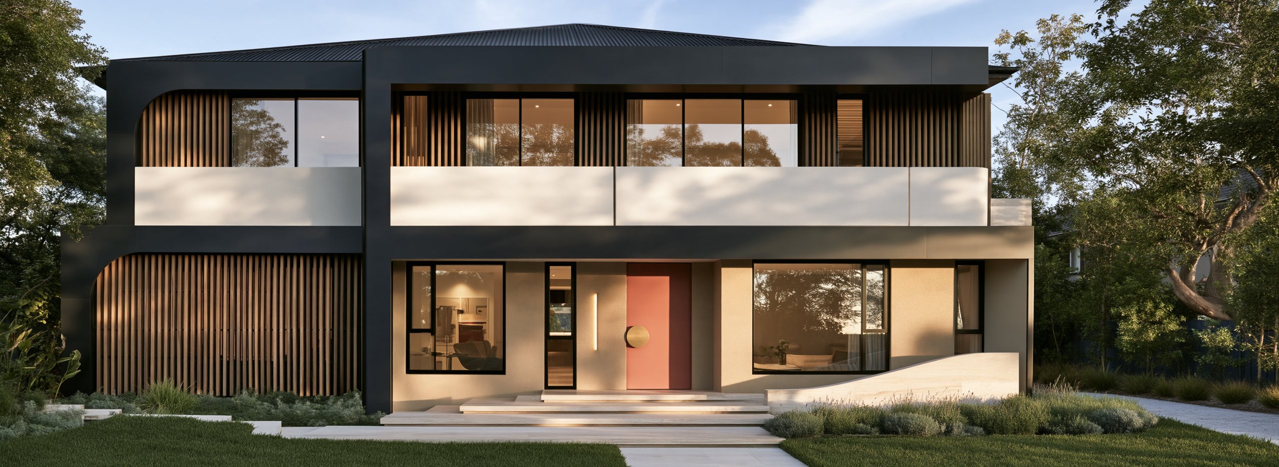 Visualisation of the St Ives residence: dark framed facade with timber battens, a white upper balustrade and a coral front door